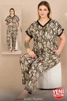 Düğmeli Kısa Kollu Dantelli Desenli Büyük Beden Kadın Pijama Takımı Lady 11032 Yeşil