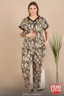 Düğmeli Kısa Kollu Dantelli Desenli Büyük Beden Kadın Pijama Takımı Lady 11032 Yeşil detay görünüm