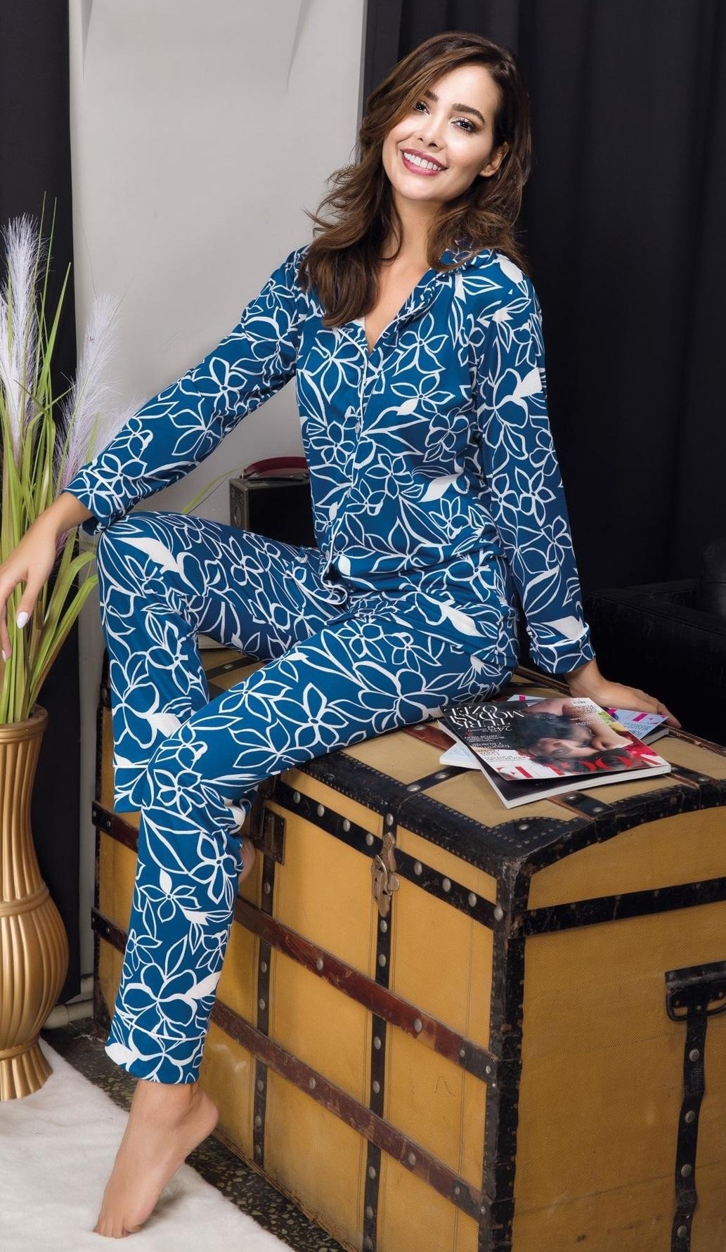 Düğmeli Mavi Desenli Yeni Sezon Şeritli Gömlek Pijama Takım İzabel DP-4008