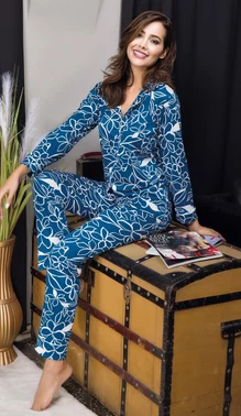 İzabel Düğmeli Mavi Desenli Yeni Sezon Şeritli Gömlek Pijama Takım İzabel DP-4008