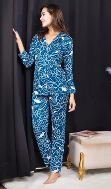 İzabel Düğmeli Mavi Desenli Yeni Sezon Şeritli Gömlek Pijama Takım İzabel DP-4008 - Alternatif Görünüm