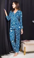 Düğmeli Mavi Desenli Yeni Sezon Şeritli Gömlek Pijama Takım İzabel DP-4008 Mavi detay görünüm
