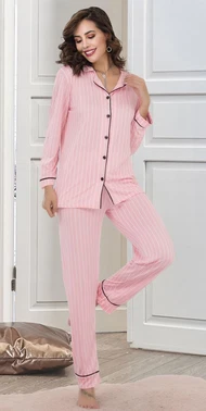 İzabel Düğmeli Pembe Şeritli Gömlek Pijama Takım İzabel DP-4000 - Alternatif Görünüm