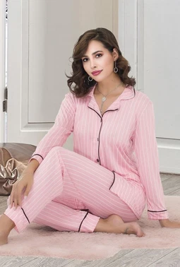 İzabel Düğmeli Pembe Şeritli Gömlek Pijama Takım İzabel DP-4000
