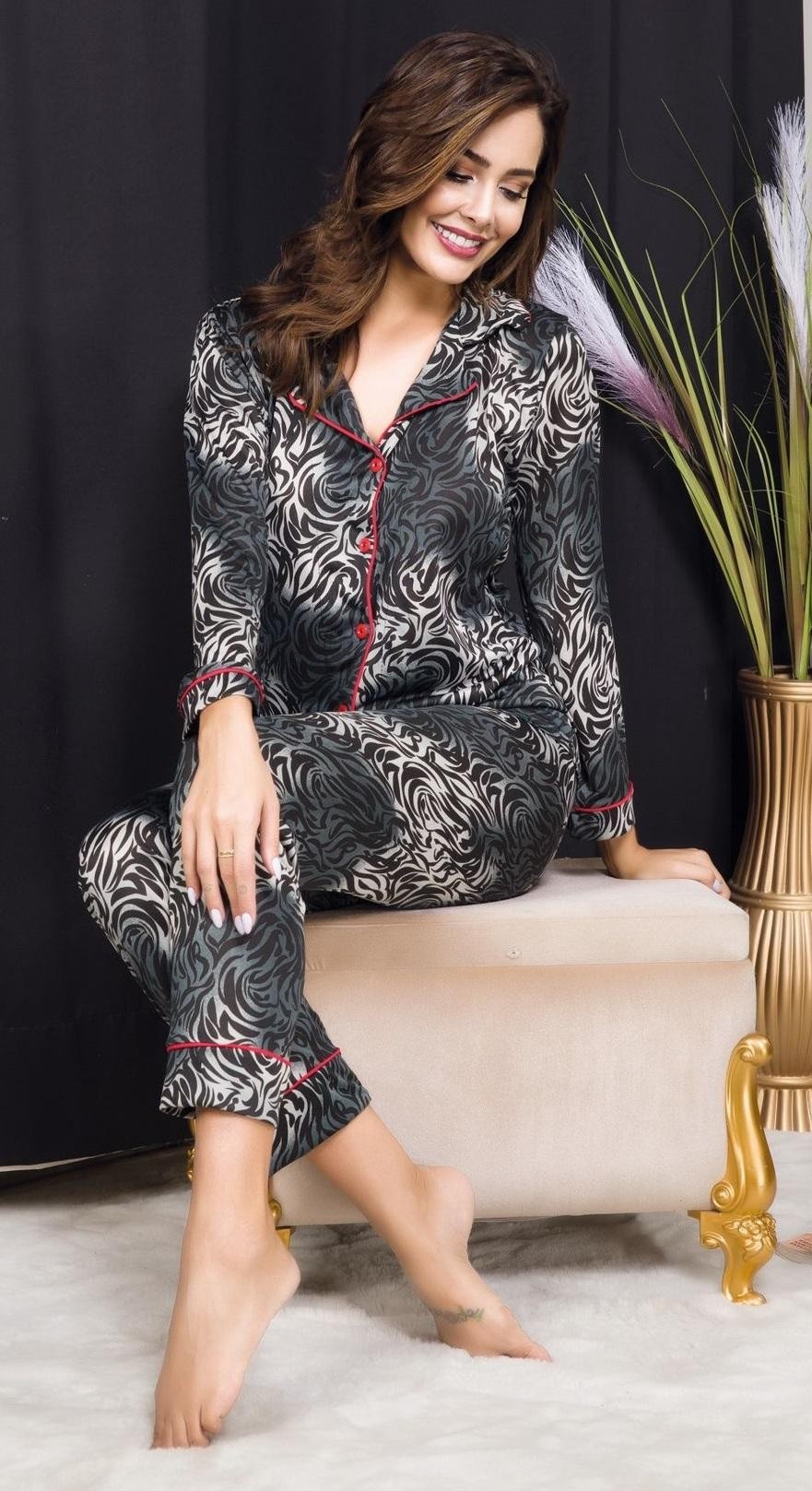 Düğmeli Siyah Desenli Yeni Sezon Şeritli Gömlek Pijama Takım İzabel DP-4009