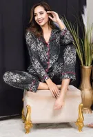Düğmeli Siyah Desenli Yeni Sezon Şeritli Gömlek Pijama Takım İzabel DP-4009 Siyah detay görünüm