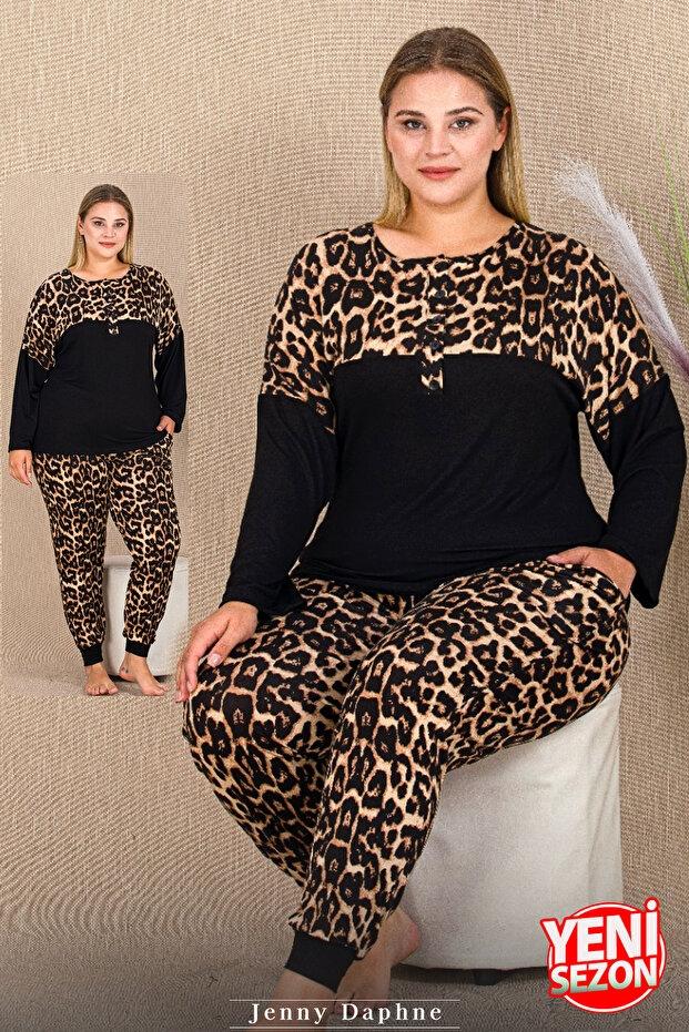 Düğmeli Uzun Kollu Büyük Beden Leopar Desenli Pijama Takımı Lady 11424