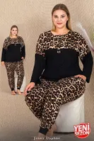 Düğmeli Uzun Kollu Büyük Beden Leopar Desenli Pijama Takımı Lady 11424 Siyah