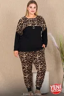 Düğmeli Uzun Kollu Büyük Beden Leopar Desenli Pijama Takımı Lady 11424 Siyah detay görünüm