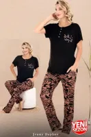 Düğmeli Yaka Desenli Kısa Kollu Kadın Pijama Takımı Lady 12671  Siyah