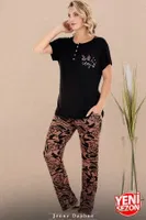 Düğmeli Yaka Desenli Kısa Kollu Kadın Pijama Takımı Lady 12671  Siyah detay görünüm