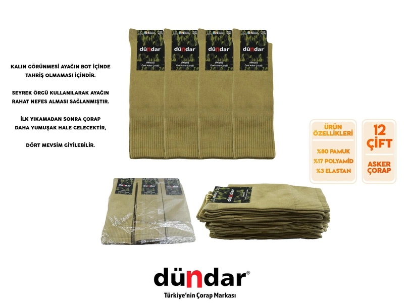 Dikişsiz Asker Çorabı 12'li Dündar 9501