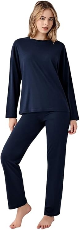 Düz Lacivert Uzun Kollu Yuvarlak Yaka Kadın Pijama Takımı Arnetta AR3407-S