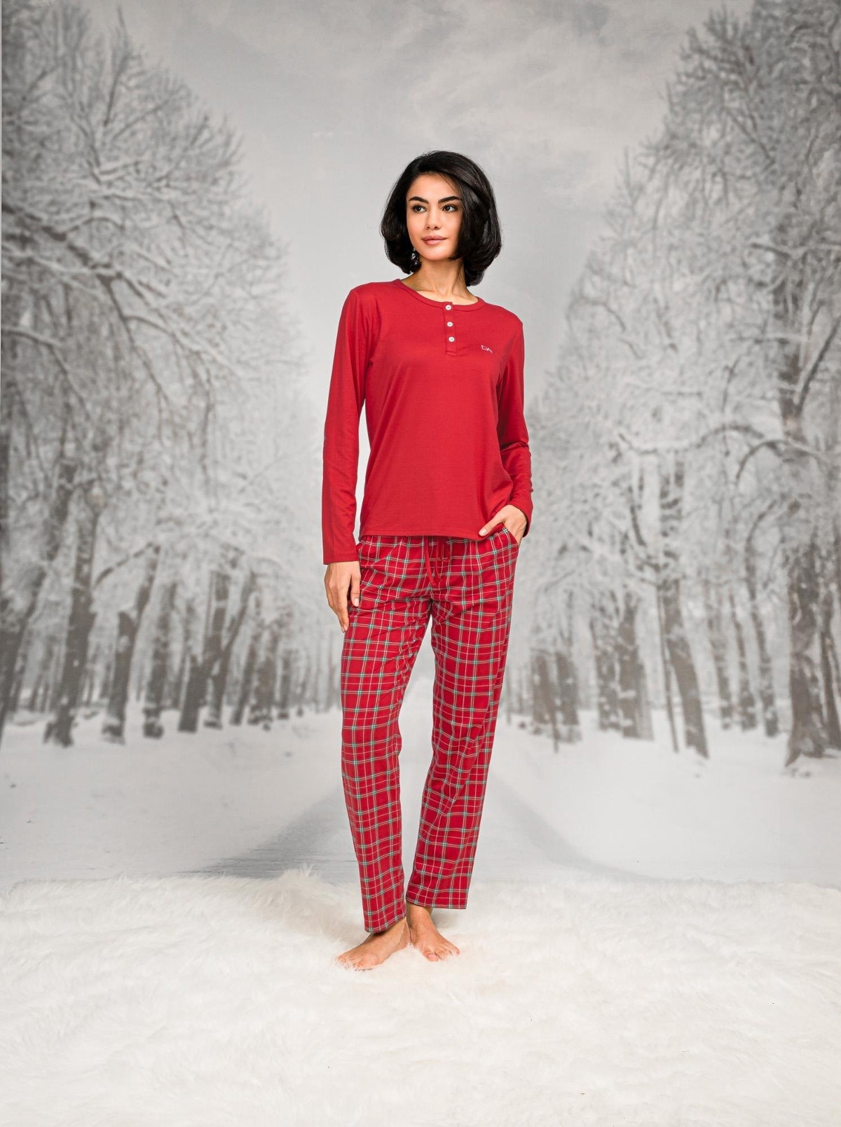 Ekoseli Yuvarlak Yaka Uzun Kollu Kadın Pijama Takım Doreanse 26K4108