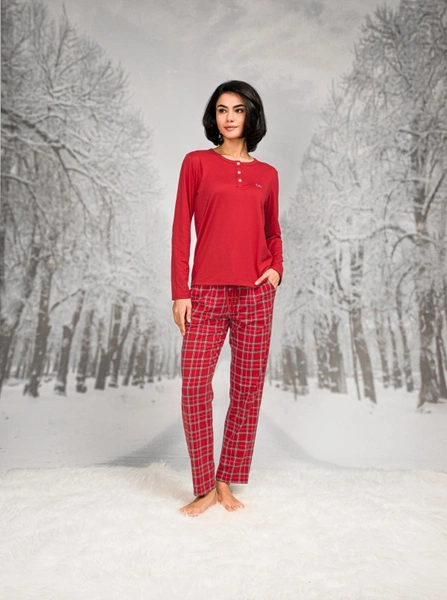 Ekoseli Yuvarlak Yaka Uzun Kollu Kadın Pijama Takım Doreanse 26K4108
