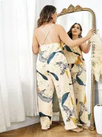 Ekru Desenli Saten Pantolon Pijama Takımı Büyük Beden Pink Night 6910 Ekru detay görünüm