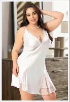 Ekru Tül Yırtmaçlı Büyük Beden Askılı Saten Gecelik Miss Laris 4034 Ekru detay görünüm