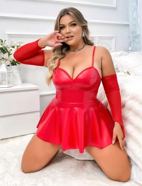 Real Passione Eldivenli Büyük beden Kırmızı Lame Fantezi Elbise Real Passione 40001