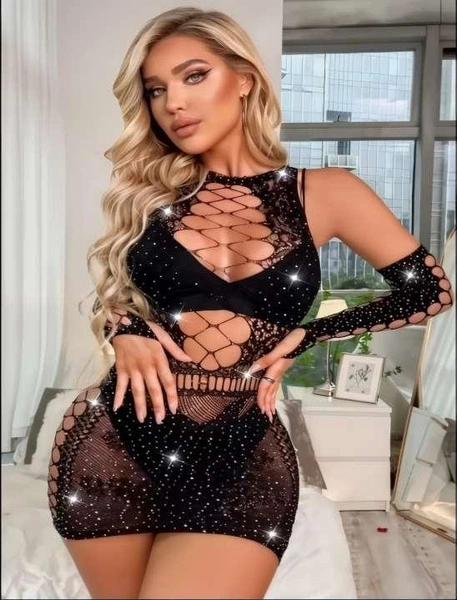 Eldivenli Siyah Fileli Taşlı Elbise Vücut Çorabı Real Passione 31012