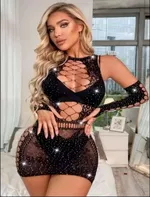 Eldivenli Siyah Fileli Taşlı Elbise Vücut Çorabı Real Passione 31012 Siyah