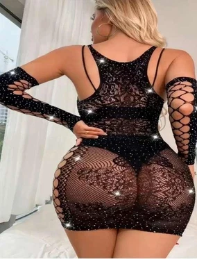 Eldivenli Siyah Fileli Taşlı Elbise Vücut Çorabı Real Passione 31012 - Alternatif Görünüm