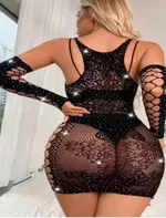 Eldivenli Siyah Fileli Taşlı Elbise Vücut Çorabı Real Passione 31012 Siyah detay görünüm