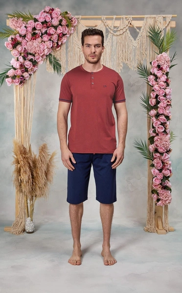 Erkek Bordo Düğme Yaka Şort T-Shirt Pijama Takımı Doreanse 25Y4565