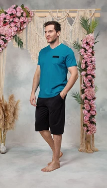 Doreanse Erkek Mavi Siyah V Yaka Şort T-Shirt Pijama Takımı Doreanse 25Y4563