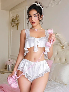 NightLight Fantezi Büstiyer Şort Takım Beyaz Dantelli NightLight 3748