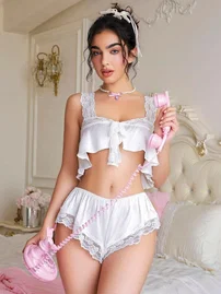 NightLight Fantezi Büstiyer Şort Takım Beyaz Dantelli NightLight 3748