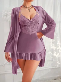 Pink Night Fırfırlı Dantelli Tül Mor Sabahlık Gecelik Takım Pink Night 1537