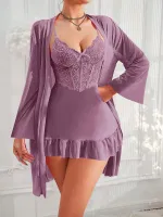 Fırfırlı Dantelli Tül Mor Sabahlık Gecelik Takım Pink Night 1537 Mor