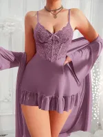 Fırfırlı Dantelli Tül Mor Sabahlık Gecelik Takım Pink Night 1537 Mor detay görünüm