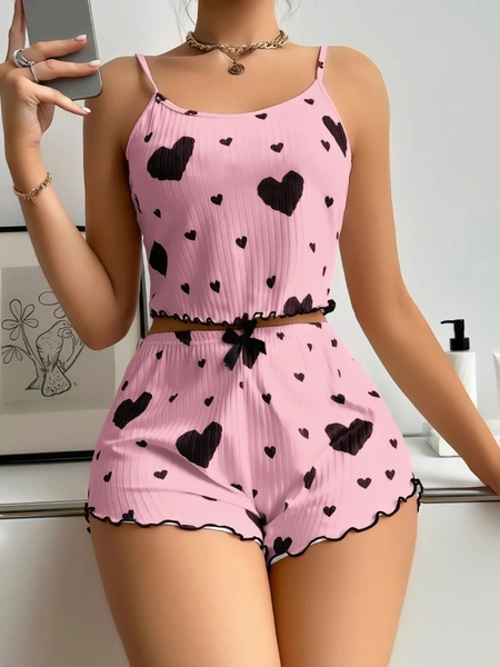 Fitilli Pembe Kalpli İnce Askılı Şort Pijama Takım Lily Bianca 13077