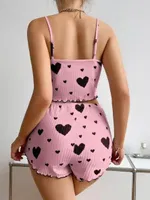 Fitilli Pembe Kalpli İnce Askılı Şort Pijama Takım Lily Bianca 13077 Pembe detay görünüm