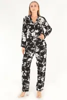 Floral Pattern Uzun Kollu Kadın Pijama Takım DoReMi 002-000080 Siyah