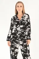 Floral Pattern Uzun Kollu Kadın Pijama Takım DoReMi 002-000080 Siyah detay görünüm