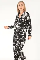 Floral Pattern Uzun Kollu Kadın Pijama Takım DoReMi 002-000080 Siyah görsel 4
