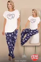 Gece Desenli Bisiklet Yaka Kısa Kol T-Shirt Pijama Takımı Lady 12584 Beyaz