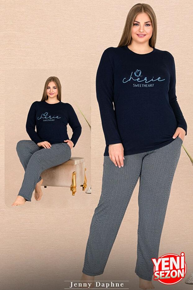 Gei Cepli Uzun Kollu Yuvarlak Yaka Büyük Beden Kadın Pijama Takımı Lady 11310