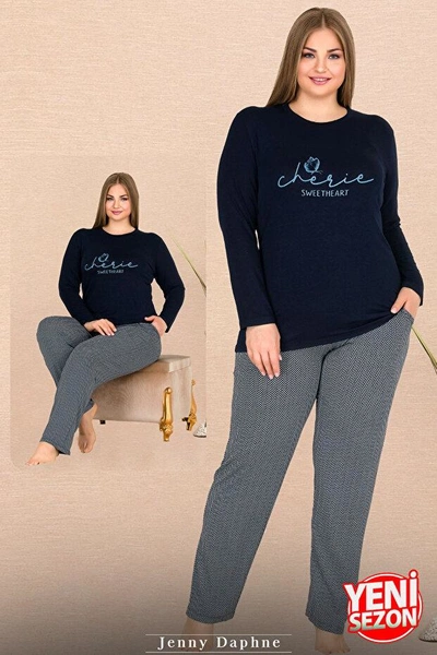 Gei Cepli Uzun Kollu Yuvarlak Yaka Büyük Beden Kadın Pijama Takımı Lady 11310