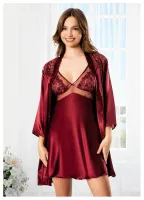 Göğsü Transparan Dantelli İnce Askılı Gecelik Uzun Kollu Saten Sabahlık Takımı Miss Laris 5066 Bordo