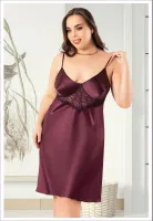 Göğüs Altı Dantelli İnce Askılı Büyük Beden Saten Gecelik Miss Laris 4043 Bordo