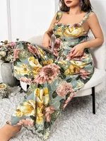Göğüs Büzgülü Çiçek Desenli Büyük Beden İnce Askılı Pijama Takımı Pink Night 6953 Yeşil