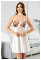 Göğüs Çiçek Desenli İnce Askılı Kısa Saten Gecelik Miss Laris 2134 Krem