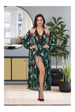 İzabel Göğüs Dekolteli Yaprak Desenli Uzun Sabahlık Gecelik Takımı İzabel US-6012