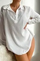 Gömlek Görünümlü Likralı Plaj Elbisesi Pareo Cover Up Kimono Angelsin MS 4384 Beyaz Beyaz farklı açı