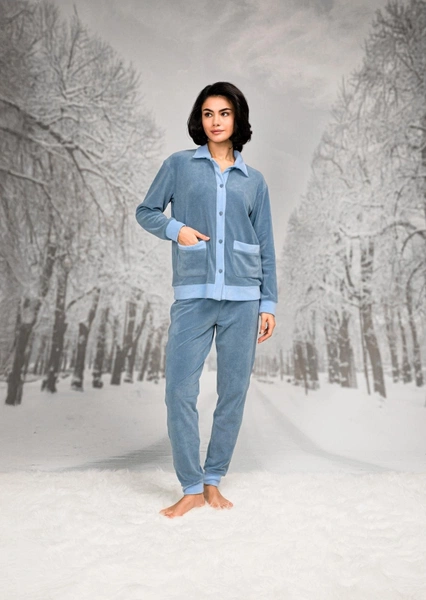 Gömlek Yaka Cepli Mavi Kadın Pijama Takımı Doreanse 26K4092