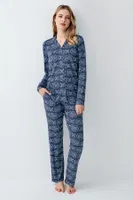 Gömlek Yaka Düğmeli Uzun Kollu Desenli Kadın Pijama Takımı Arnetta 3401-S Mavi