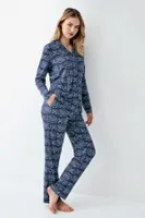 Gömlek Yaka Düğmeli Uzun Kollu Desenli Kadın Pijama Takımı Arnetta 3401-S Mavi detay görünüm